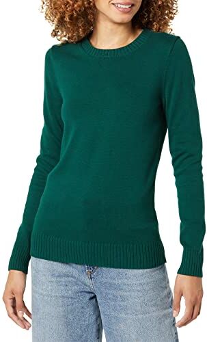 Amazon Essentials Maglione A Girocollo in 100% Cotone (Disponibile in Taglie Forti) Donna, Verde Scuro, XS