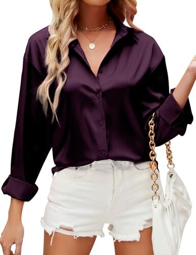 HANERDUN Camicia Donna Elegante Camicia Button Down in Raso di Seta Maglia a tinta unita Top