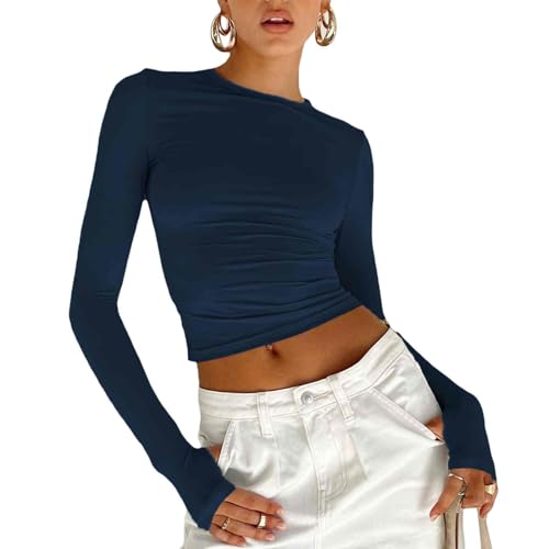 MAHUAOYIXI Maglietta a Manica Lunga Donna Sexy Maglietta a Maniche Lunghe con Fori per i Pollici Ragazza Crop Top in Pizzo Ragazza Top Solido Taglio Slim Aderente Ragazza Shirt Corto Elegante (Blu, M)