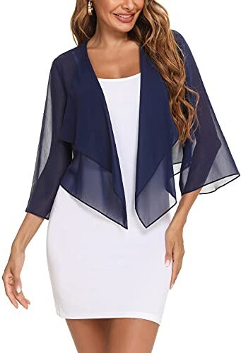 Aottori Coprispalle Donna Chiffon Elegante Bolero Maniche 3/4 Cardigan Estivo Corto Giacca Trasparente Leggero per Cerimonia Festiva Blu Navy XXL