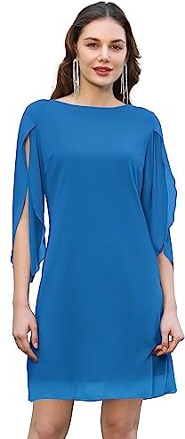 GRACE KARIN Vestito Donna Chiffon Doppio Strato Manica Trasparente Vestito Cocktail Chiffon Maniche 3/4 Larghe Donna Chiffon Elegante Blu Puro 2XL