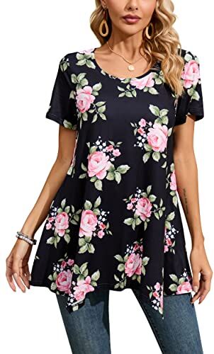 Enmain Tunica da Donna Camicetta a Maniche Corte Camicie Casual Abito Svasato a Pieghe Floreali Tunica Top Camicette da Donna Eleganti Camicie Girocollo per Vacanze Estive Primavera Nero/Rosa 3XL