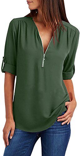 Yuson Girl Donne Camicette Manica Lunga Camicie Scollo a V con Cerniera Casual Bluse e Camicie Eleganti Shirt Tinta Unita Puro Colore Tops(Verde, L)