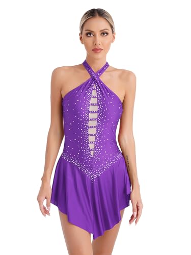 inlzdz Donna Vestito Pattinaggio Artistico Paillette Leotard Senza Manica Body Danza Classica Backless Abito da Ballo Latino Ballerina Samba Rumba Danza Moterna Viola M