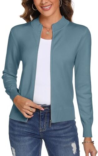 Aottori Cardigan Donna con Zip Maglione Cerniera Leggero Giacca in Maglia Elegante Golfino a Maniche Lunghe Pullover Aperta Casual per Primavera Autunno Blu Grigio S