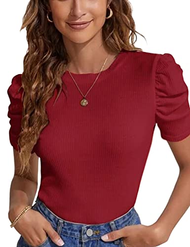 Tuopuda Magliette Donna Estive T-Shirt Maniche a Sbuffo Elegante Top a Coste Elasticizzato Tee Maglietta Casual Camicia in Maglia Girocollo Blusa Taglie Forti, Vino Rosso, XXL