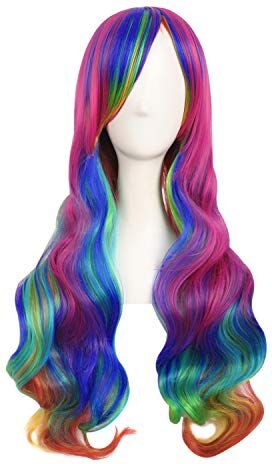 MapofBeauty 28 Pollic/70cm Ladies Cosplay Ricci Lunghe Scoppi Obliqui Parrucche (Arcobaleno Colore)