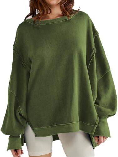 OLIPHEE Felpa da Donna Camicia a Maniche Lunghe Top Girocollo Teens Maglione Vintage Casual Top (L,Verde)