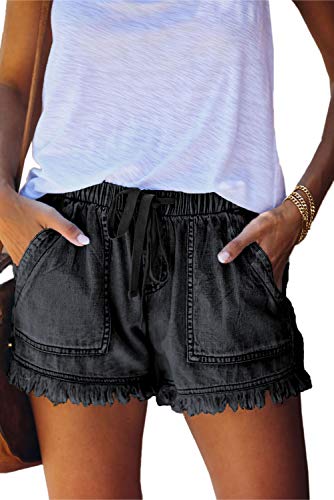 HVEPUO Pantaloni corti, da donna, in cotone, lino, con elastico, A-nero., S