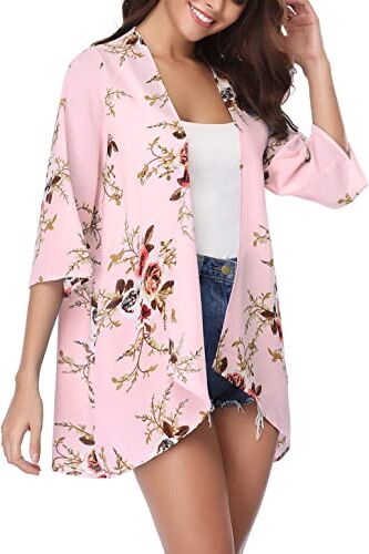 Irevial Kimono Cardigan Donna Estivo Chiffon Copricostume Mare Casual a Maniche 3/4 Stampato Floreale Cardigan Leggero per Mare Party Vacanze Rosa Chiaro L