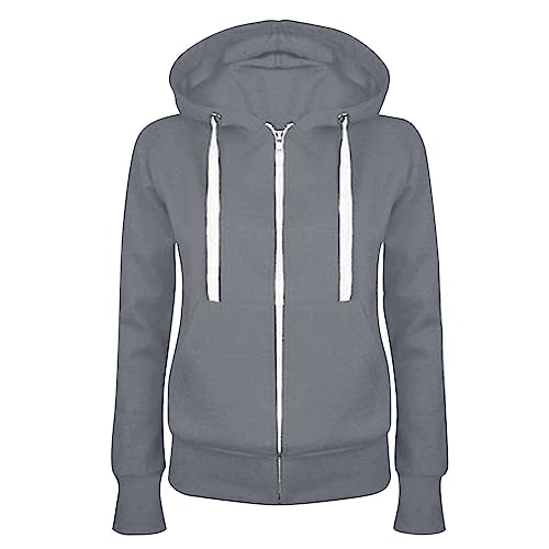 Masrin Felpa da donna Full Zip Giacca per le mezze stagioni, in tinta unita, con cappuccio, giacca college leggera, con cappuccio, in cotone, grigio., XL