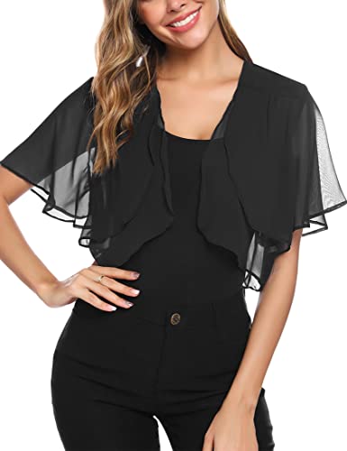 Aottori Coprispalle Donna Chiffon Bolero Elegante Maniche Corte Cardigan Corto Estivo Bolerino Leggero Shrug Aperto Primavera per Cerimonia Festiva Nero M