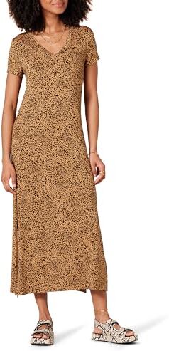 Amazon Essentials Abito Midi a Maniche Corte con Scollo a V in Jersey Donna, Cammello Scuro Stampa Animalier, L