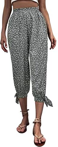 KEERADS Pantaloni Cargo Pantaloni Capri in lino stampati a fiori da donna Pantaloni corti estivi in vita elastica con tasche Pantaloncini mestruali abbondanti (Green #3, S)