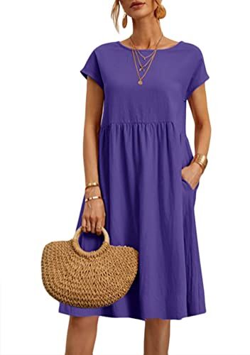 Yesgirl Vestiti da Donna Estivi Girocollo Manica Corta Vestiti Casual Abito in Lino Eleganti Tinta Unita Vestito Boho Abiti al Ginocchio Larghe Abito da Spiaggia A Viola XL