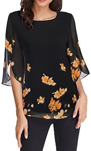 GRACE KARIN Donna Camicia Elegante Chiffon Top Manica 3/4 Puro Colore Camicetta Blusa Nero Fiori Giallo 2XL