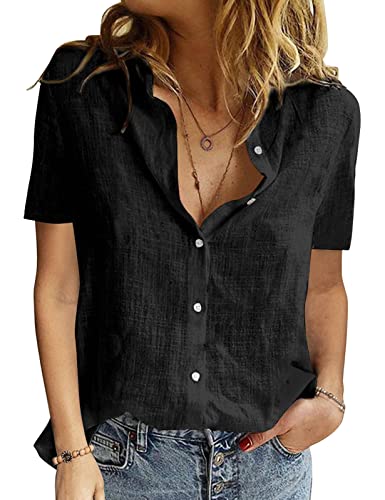 PASUDA Camicia Donna Estiva Camicetta da Donna Manica Corta Cotone Elegante Blusa Maglietta Scollo a V Top con Bottoni Moda Casual T Shirt Tinta Unita Classico Maglia Tees (Nero, L)