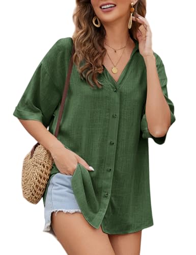 Niwicee Blusa da Donna in Lino Camicetta da Donna, Elegante Casual Camicia con Scollo a V con Bottoni Casual, da Ufficio, da Lavoro T-Shirt Estivo per Ragazze e Donna-Verde-L