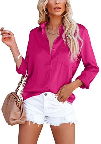 Homlan Camicia da donna elegante con scollo a V, in raso, a maniche lunghe, casual, con tasca sul petto, Rosa., XL