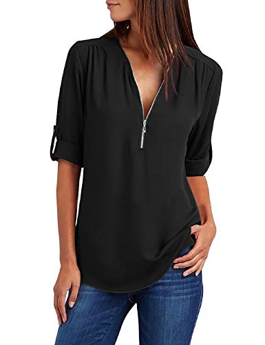 Tuopuda Magliette Donna Estive Camicette Manica Lunga Camicia Elegante Blusa Moda T-Shirt Scollo a V Top con Cerniera Tee Maglietta Casual Shirt Tinta Unita Pullover Taglie Forti, Nero, L