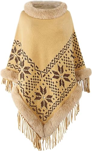 CROKZ Autunno-Inverno soffice dolcevita donna geometria poncho scialle di pashmina mantello avvolgente maglione lavorato a maglia con nappa / 269 (Color : Light Khaki)