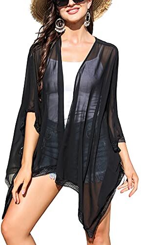 Irevial Cardigan Donna in Chiffon, Elegante Cardigan Donna, Chiffon Floral Kimono Donna Estivo, Casual Copricostume Mare Donna Blusa Elegante a Maniche 3/4 per Mare, Party, Vacanze, Nero, M