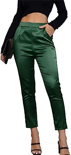 Fakanhui Abito da donna in raso di seta casual elastico a vita alta elasticizzato pantaloni eleganti pantaloni, C03 Verde Scuro, XX-Large