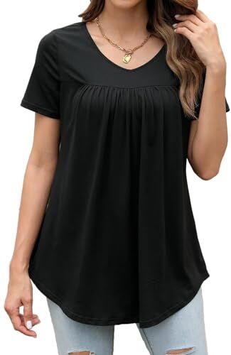 Enmain Donna Casual Tunica Top Scollo a V Manica Corta Camicie Floreali vestibilità Larga Pieghettata Lunga Henley Camicetta per Donna Nero 3XL