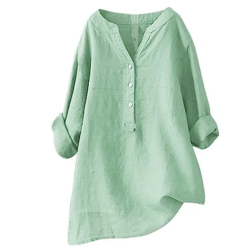 MJGkhiy Camicia Donna Lino Cotone Estiva Elegante Manica Lunga Camicetta Taglie Forti Bianca Blusa Casual Tinta Unita Maglietta Leggera Comodo Bottoni Scollo A V T-Shirt Lunga Camicette Maglia Tops