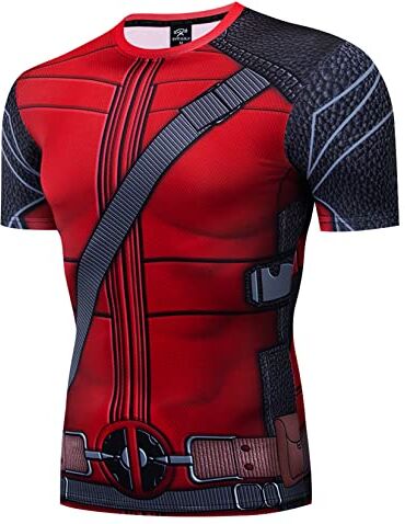 WIOSEN Magliette da uomo a maniche corte deadpool supereroe camicie a compressione stampata maschio sport fitness a base di base comoda top vestiti,Red-Teen M