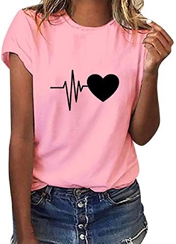 Tuopuda Magliette Donna Estive T-Shirt Manica Corta Elegante Top Cotone Crew Neck Graphic Tee Maglietta Casual Camicia Stampa Shirt Divertenti Sportivi Blusa Moda Top Taglie Forti, Rosa, XXL