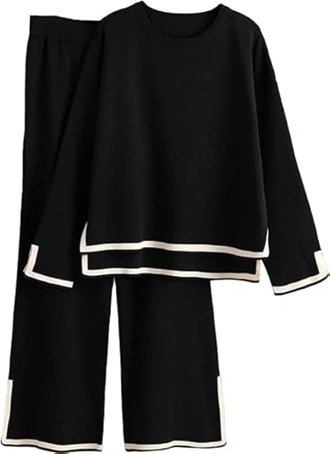 DONYKARRY Completi Da Donna 2 Pezzi Casual Tinta Unita Maglia A Maniche Lunghe Pullover Top Elastico In Vita Pantaloni A Gamba Larga Completi Tuta Abbigliamento Per La Casa (Nero,L)