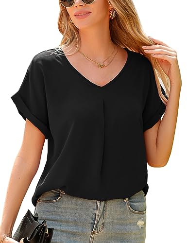 Yuson Girl Camicia Donna Maglietta Chiffon Donna Maniche Corte Camicetta con Scollo a V Elegante Blusa Estivi di Colore Puro Manica da Donna Casual Top T Shirt Sexy Donna Manica Corta(Nero, S)