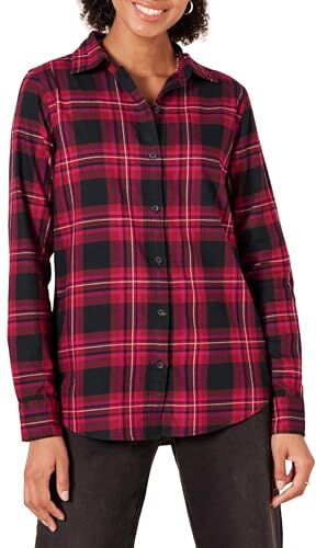 Amazon Essentials Camicia in Flanella a Quadri Leggera a Maniche Lunghe e vestibilità Classica Donna, Nero Rosa Tartan Chelsea, XS