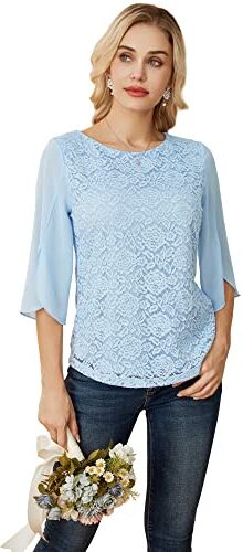 GRACE KARIN Camicia Azzurro Pizzo Donna Maniche 3/4 Leggero Morbido Casual per Party Primavera Azzurro L