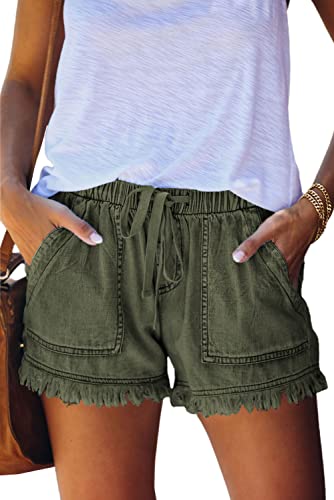 HVEPUO Pantaloni corti, da donna, in cotone, lino, con elastico, a-Verde militare, XL