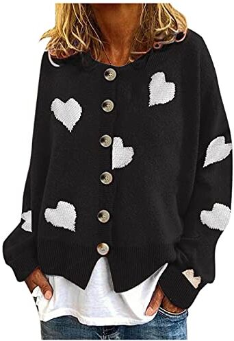 Generic Cardigan da donna caldo con stampa margherita a maniche lunghe con scollo a V, elegante maglione top cardigan da donna taglie forti (03A-Black, L)