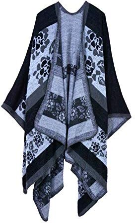 Hanyixue Sciarpa Donna Poncho Capes Elegant Scialle Cardigan Maglione Cappotto Poncho Donna Mantella Maglione Largo Moda Scollo a V Aperto Cape Poncho (Flower Black#01)