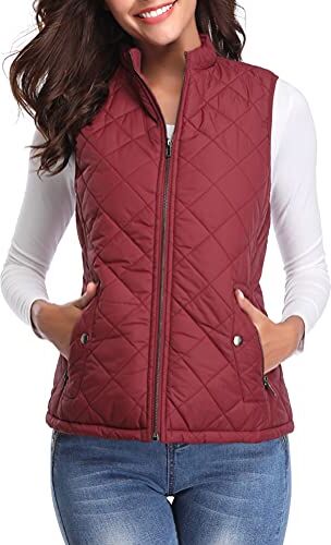 fuinloth Gilet Donna Smanicato Invernale Panciotto Dritto Collarei Giacche Ultraleggeri Senza Maniche Giacca con Tasca con Cerniera Rosso Vino S