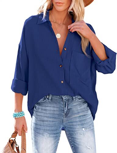 NONSAR Camicetta da donna casual, camicia con scollo a V, 100% cotone, vestibilità ampia, tessuto spesso in tinta unita, top elegante con tasca, Blu scuro, M