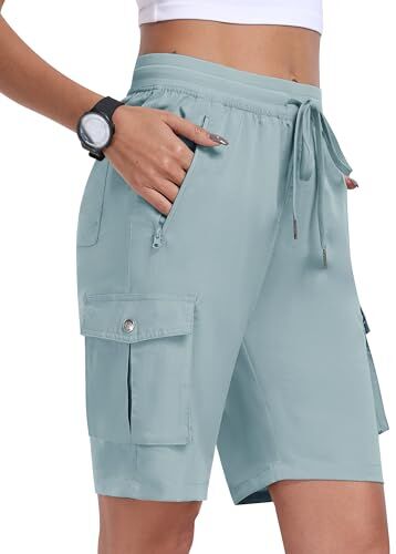 MoFiz Pantaloncini Cargo Trekking Donna Bermuda Estivi Pantaloni Corti Vita Elastica Leggeri Pantaloncini da Escursionismo Sportivi Jogging Casual Esterno con 6 Tasche Grigio Blu Taglia EU M