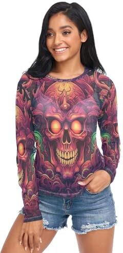 KAAVIYO Bella Arte Astratta Del Teschio Manica Lunga Camicia Maglia Sensazione di Freddo Trasparente Sexy Shirt per Donna Ragazze