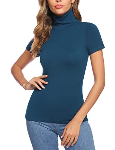 Totatuit Dolcevita Donna Maniche Corte Elegante Lupetto in Maglione Maglietta Basic T-Shirt Collo Alto Casual Top Elasticizzato Primavera Blu S