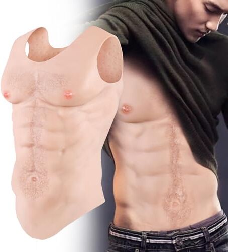 ICEVER Silicone Muscolare Tuta Donne Uomini Realistico Silicone Petto Maschio Fake Muscolo Pancia, Collo rotondo Petto per Cosplay Transgender Party (Avorio, M, con capelli dorati)