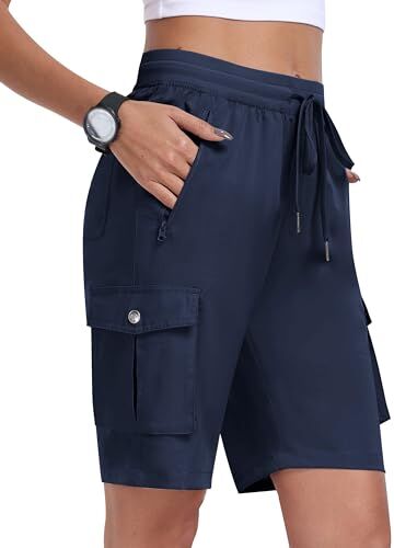 MoFiz Pantaloncini Cargo Trekking Donna Bermuda Estivi Pantaloni Corti Vita Elastica Leggeri Pantaloncini da Escursionismo Sportivi Jogging Esterno con 6 Tasche Blu Militare Taglia EU M