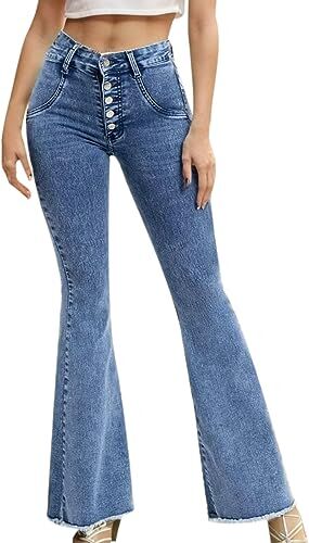 Generico Pantaloni Chino Donna Viola Jeans Donna Jeans svasati con frange con bottoni elastici a vita alta vintage da donna in azzurro con tasche applicate Pantaloni A (Blue, XL)