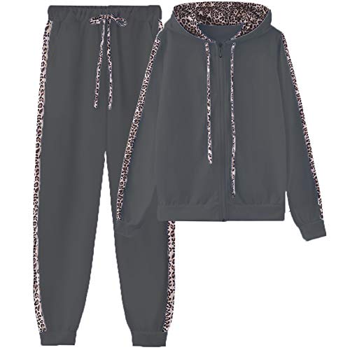 amropi Donna Tuta Sportiva Set Leopardato Maniche Lunghe Felpa con cappuccio e Jogging Pantaloni (Nero, 4XL)