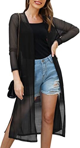 Gyabnw Coprispalle Donna Cardigan Elegante Bolero Chiffon Maniche Lunghe Tinta Unita Copricostume Lungo Estivo Leggero Shrug Primavera Estate Aperto-Anteriore S-XXL Nero