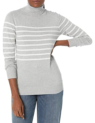 Amazon Essentials Maglione A Collo Alto E Maniche Lunghe Leggero con vestibilità Classica (Taglie Forti Disponibili) Donna, Grigio Chiaro Puntinato Bianco Riga Piazzata, XS