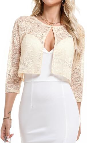 Irevial Coprispalle Donna Elegante Bolero Chiffon Maniche a 3/4 Cardigan Corto Estivo in Pizzo Leggero Shrug con Bottone